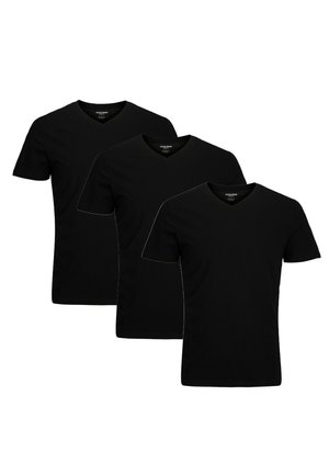 Trois T-shirts en coton noirs à manches courtes et col en V, présentant un design simple sans motifs ni accents visibles.