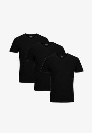 Trzy czarne bawełniane koszulki z krótkimi rękawami i dekoltem w serek, charakteryzujące się prostym wzornictwem oraz brakiem widocznych wzorów lub akcentów.