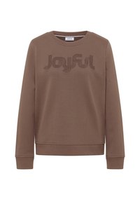 Brązowa bluza z okrągłym dekoltem, prążkowanymi mankietami oraz ściągaczem w pasie. Na przedzie haftowany napis "Joyful" w ciemniejszym odcieniu brązu. Miękka, teksturowana tkanina.