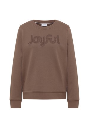 Brauner Pullover mit Rundhalsausschnitt, gerippten Bündchen an Ärmeln und Bund. Verziert mit dem gestickten Schriftzug "Joyful" in dunklerem Braun. Weicher, strukturierter Stoff.