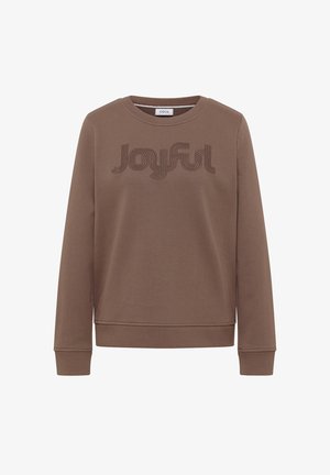Bruine sweatshirt met ronde hals, geribbelde boorden en taille. Heeft de tekst "Joyful" geborduurd in een donkerdere bruine kleur. Zachte, gestructureerde stof.