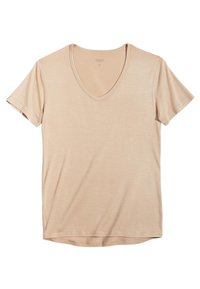 Beige V-neck T-shirt made of lightweight fabric. Short sleeves, relaxed fit, and smooth texture. Subtle brand tag located at the neckline.