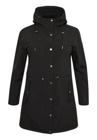 Schwarze, lange Kapuzenjacke aus wasserabweisendem Material mit Druckknöpfen, Taillenschnürung, zwei Fronttaschen und glatter Oberfläche.