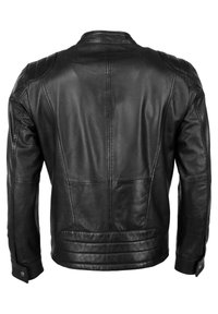 Schwarze Lederjacke mit glatter Textur, tailliertem Design, Schulterpolstern und horizontalen Nähten am unteren Rücken sowie an den Manschetten.