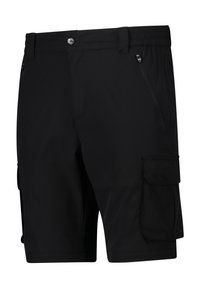 Svarta cargo-shorts tillverkade av lättviktsmaterial, med dragkedjefickor, elastisk midja och sidofickor med lock.