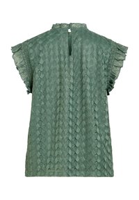 Blouse en dentelle verte avec manches courtes à volants et petite fermeture bouton en forme de goutte d'eau à l'encolure arrière.
