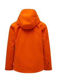 Orange vandtæt jakke med hætte, der har en glat tekstur, lige snit og justerbart hardware ved manchetterne.