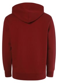 Sweat à capuche rouge foncé uni vu de dos, avec manches longues et poignets et ourlet côtelés.