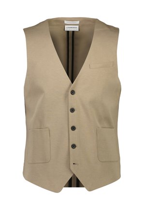 Beige ärmlös väst med V-hals, fem svarta knappar, två framfickor och en liten bröstficka. Slät tyg med minimal textur.