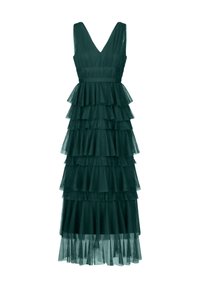 Dunkelgrünes, gestuftes Maxikleid mit tiefem V-Ausschnitt, ausgestattet mit rüschierten Schichten aus durchscheinendem Stoff und einem taillierten Bund.