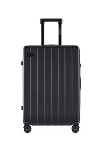 Black hard-shell suitcase with a textured ribbed design, a retractable handle, and four wheels for mobility. Brand logo visible on the front.