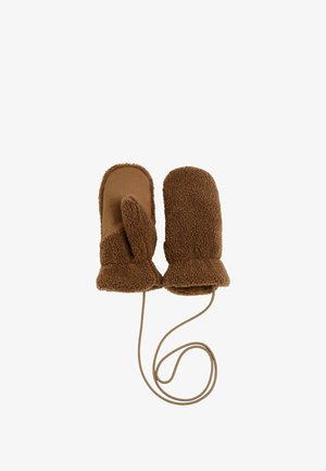 Braune Fleece-Fäustlinge mit Daumen-Detail, einer weichen, strukturierten Oberfläche und einer befestigten Schnur zum Befestigen.