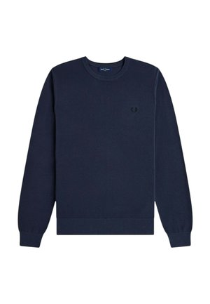 Marineblauer Pullover mit Rundhalsausschnitt und langen Ärmeln, mit gerippten Bündchen an Ärmeln und Saum, ausgestattet mit einem kleinen bestickten Lorbeerkranz-Logo auf der linken Brust.