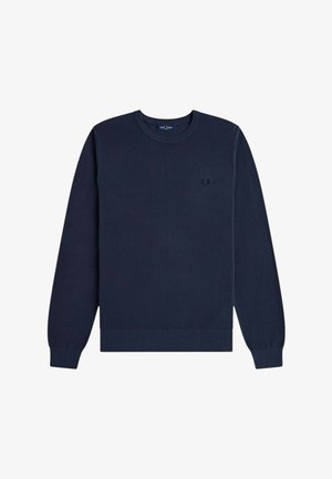 Maglione blu navy a maniche lunghe con scollo rotondo, polsini e orlo a costine, con un piccolo logo a corona di alloro ricamato sul petto a sinistra.