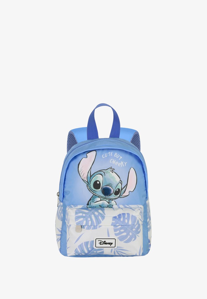 Sac à dos bleu avec un motif du personnage Stitch, comprenant une poche avant, un dos en mesh et des motifs de feuilles en bleu clair et blanc.
