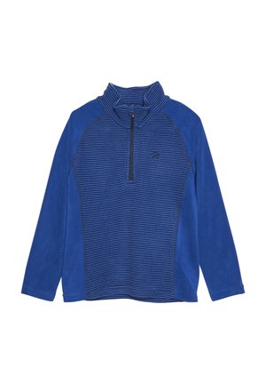 Pullover in fleece blu con colletto alto, caratterizzato da un collo con zip, maniche a tinta unita e strisce orizzontali a contrasto. Accentato da un logo.