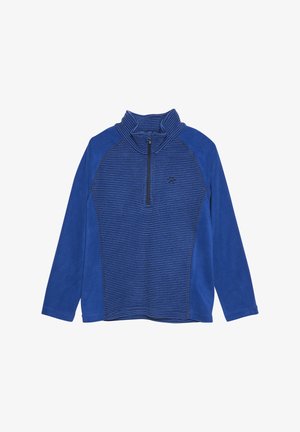 Plavi Fleece pulover s visokim ovratnikom, s patentnim zatvaračem na vratu, punim rukavima i kontrastnim horizontalnim prugama. Okrunjen logotipom.