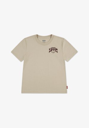 T-shirt de algodão beige com mangas curtas, decote redondo e um logótipo marrom da Levi's com a data de fundação, etiqueta lateral e textura suave.