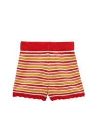 Shorts rayés aux couleurs rouge, orange, jaune et crème. Matériel en tricot avec un ourlet festonné et une taille unie rouge.