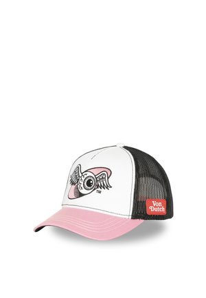 Gorra de camionero con visera rosa, panel frontal blanco con gráfico de ojo alado, parte trasera de malla negra y etiqueta roja Von Dutch en el lateral.