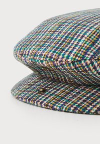 Wool flat cap featuring a multicolored check pattern with blue, green, and yellow hues. Includes a decorative metal button detail.