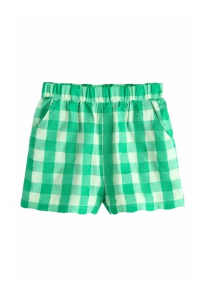 Zöld-fehér kockás rövidnadrág elasztikus derékpánttal és oldalzsebekkel, fehér háttéren kifeszítve.