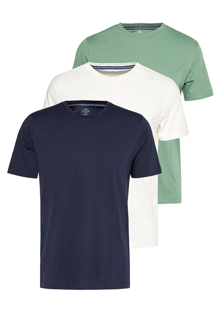 Drei Rundhalsausschnitt-T-Shirts in Marineblau, Weiß und Grün. Aus weicher Baumwolle gefertigt, besitzen sie kurze Ärmel und einen lockeren Schnitt. Gestreifter Innenkragen.
