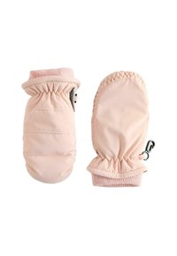 Rosa isolierte Fäustlinge mit gerippten Bündchen, elastischen Öffnungen und einem Clip-Detail. Glatte Textur mit gepolstertem Design für Wärme.
