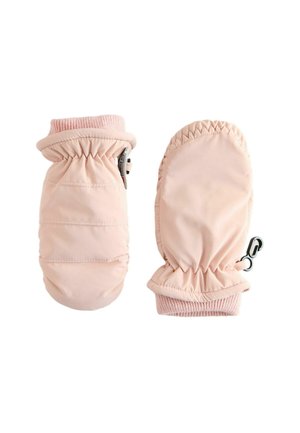 Rosa isolierte Fäustlinge mit gerippten Bündchen, elastischen Öffnungen und einem Clip-Detail. Glatte Textur mit gepolstertem Design für Wärme.