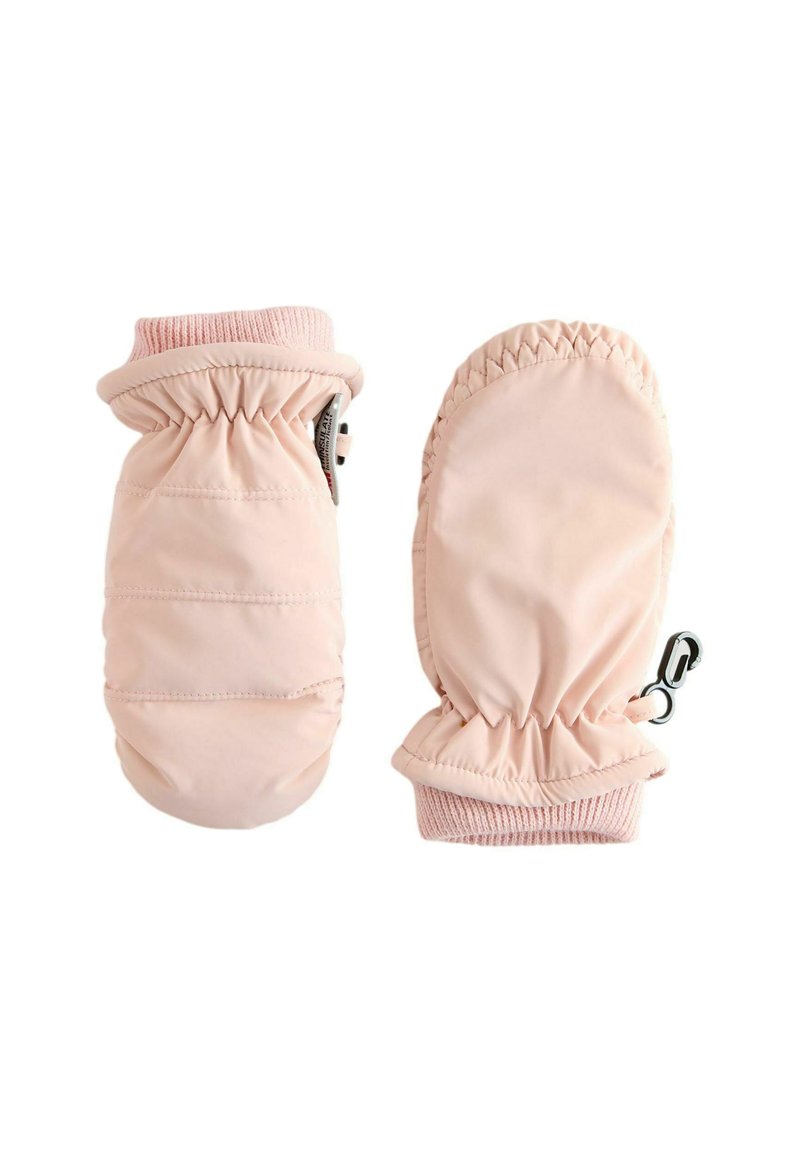 Rosa isolierte Fäustlinge mit gerippten Bündchen, elastischen Öffnungen und einem Clip-Detail. Glatte Textur mit gepolstertem Design für Wärme.