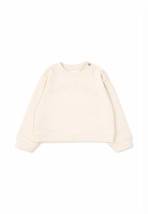 Felpa color crema a manica lunga con collo rotondo e piccolo bottone a pressione sulla spalla, con testo sottile in rilievo sul petto.