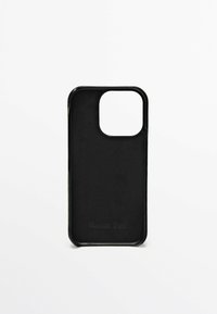 Black smartphone case with a matte finish, rectangular shape, and a cutout for the camera. Features subtle branding on the back.