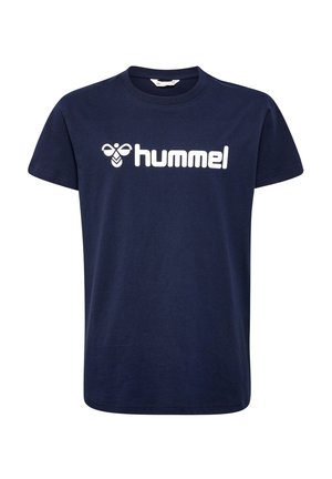 Mørkeblå bomulls t-skjorte med hvit "hummel" logo på forsiden. Korte ermer og en klassisk rund halsdesign.