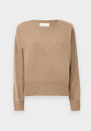 Beige kötött pulóver kerek nyakkivágással, hosszú ujjakkal, bordázott mandzsettákkal és szegéllyel. Puha tapintású, lazán illeszkedő dizájn.