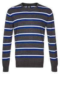 Grauer langärmeliger Strickpullover mit horizontalen blauen und weißen Streifen, Rundhalsausschnitt sowie gerippten Bündchen und Saum.