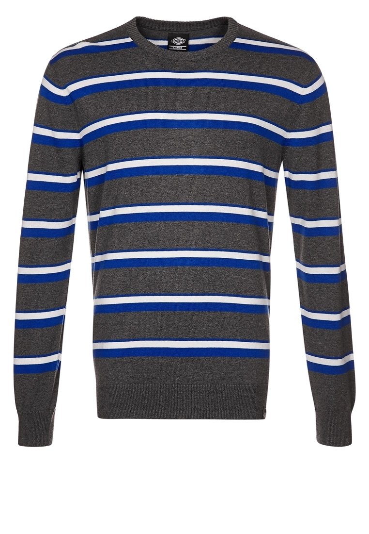 Grauer langärmeliger Strickpullover mit horizontalen blauen und weißen Streifen, Rundhalsausschnitt sowie gerippten Bündchen und Saum.