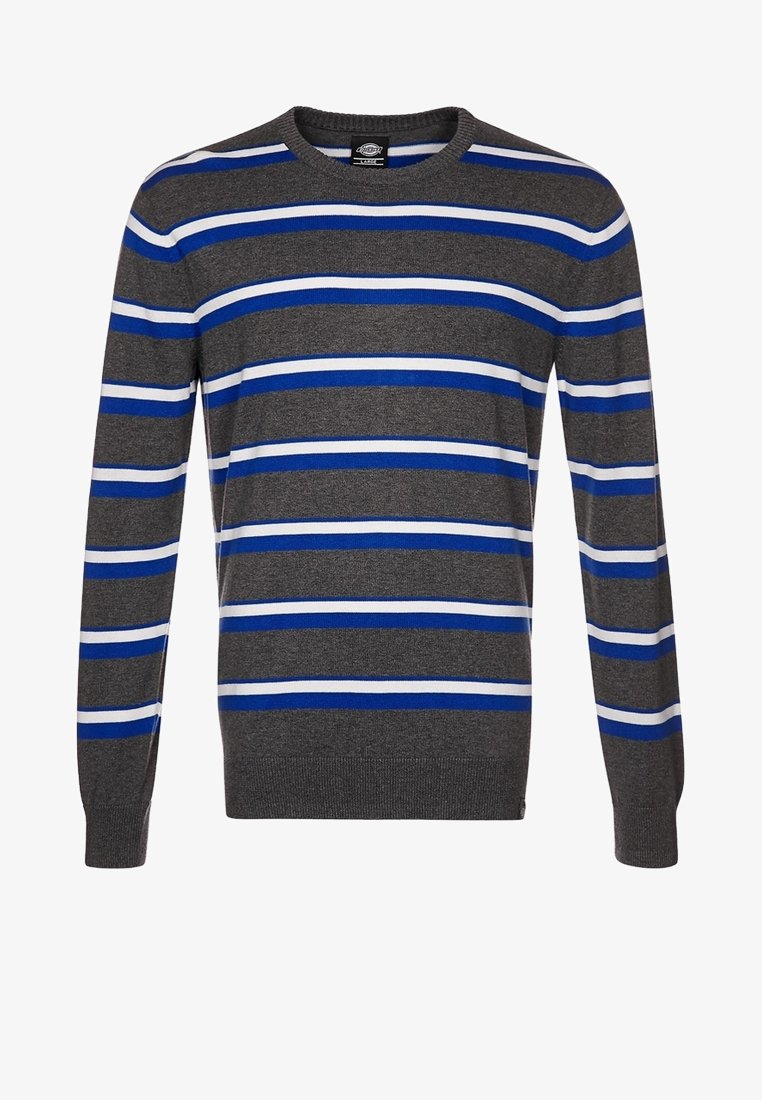 Grauer langärmeliger Strickpullover mit horizontalen blauen und weißen Streifen, Rundhalsausschnitt sowie gerippten Bündchen und Saum.