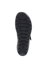 Black shoe sole with textured, wavy patterns. Features a rounded shape and a rectangular cutout near the heel, marked with size 36.