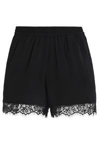 Shorts noirs en tissu doux, avec une large ceinture élastique et un délicat ourlet en dentelle, ajoutant de la texture et du détail.