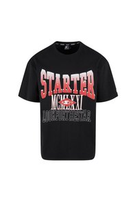 Juodas medvilninis marškinėliai trumpomis rankovėmis, su ryškiai raudonu ir baltu grafiniu tekstu, įskaitant "STARTER" ir "LOOKFORTHSTAR", minimalistiškas dizainas.