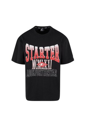 Black cotton t-shirt with short sleeves, featuring bold red and white graphic text, including "STARTER" and "LOOKFORTHSTAR," minimalistic design.
