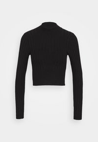 Pull à col roulé court noir en tissu côtelé avec manches longues et coupe ajustée, présentant une texture lisse et une silhouette épurée.