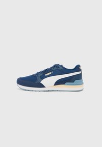 Navy blue athletic shoes with white and light blue accents, featuring a textured upper, round toe, and a cushioned sole with a slight heel.