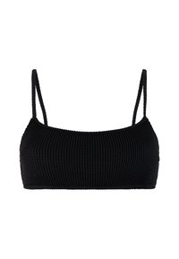 Bralette de tela negra texturizada con finas tiras espagueti y escote recto, aislado sobre fondo blanco.