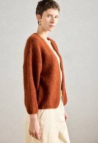 Brændt orange, fluffy cardigan med dyb V-hals og ballonærmer, parret med en cremet top og lyse bukser. Struktureret stof.