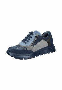 Sports shoe featuring navy and grey suede with textured mesh, a decorative zipper, and a thick, rugged sole for added grip.