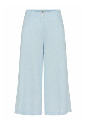 Lyseblå culotte-bukser med vide ben, knap- og lynlåslukning, bæltestropper og mellemhøj talje.