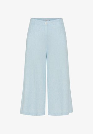 Hellblaue Culotte-Hose mit weitem Bein, Knopf- und Reißverschluss, Gürtelschlaufen und mittelhohem Bund.