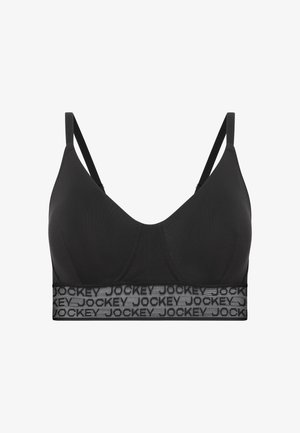 Schwarzer kabelloser BH mit verstellbaren Trägern, glattem Stoff, Netzband mit wiederholtem "JOCKEY"-Logo und konturierten Cups.