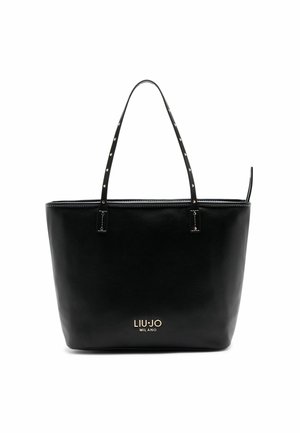 Sac cabas en cuir noir avec fines bretelles, détails cloutés dorés et logo "Liu Jo Milano" doré au centre devant.
